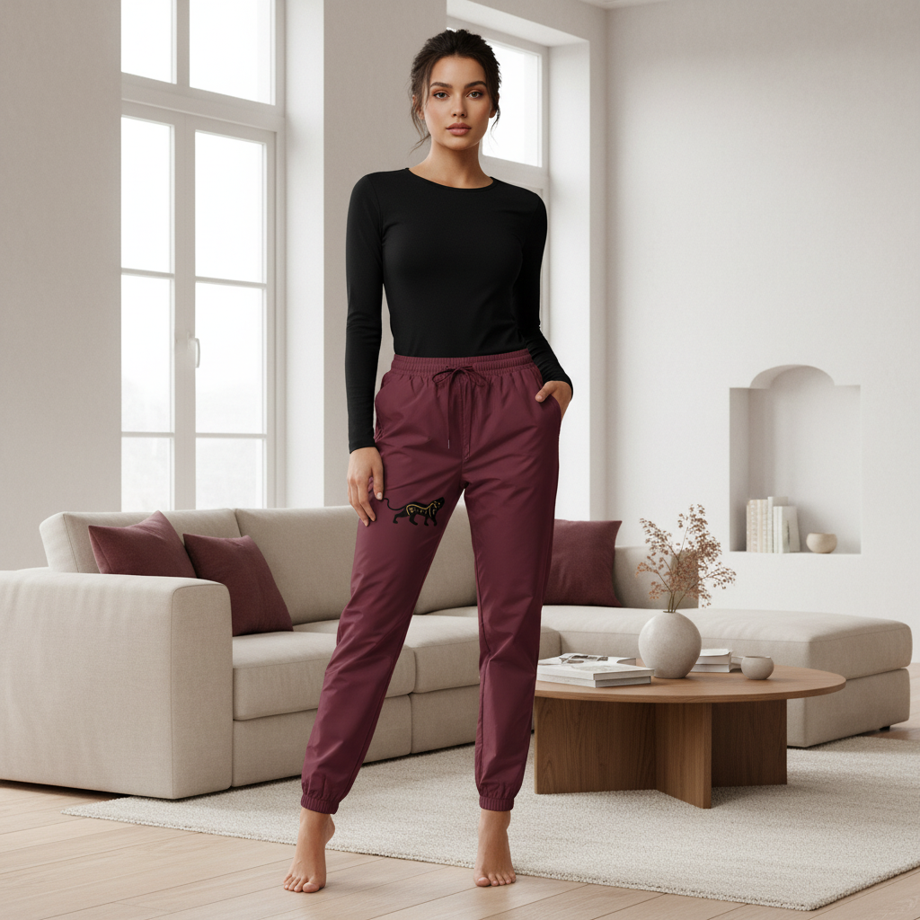 Burgundy track pants with black jaguar emblem styled with black top in modern Scandinavian interior