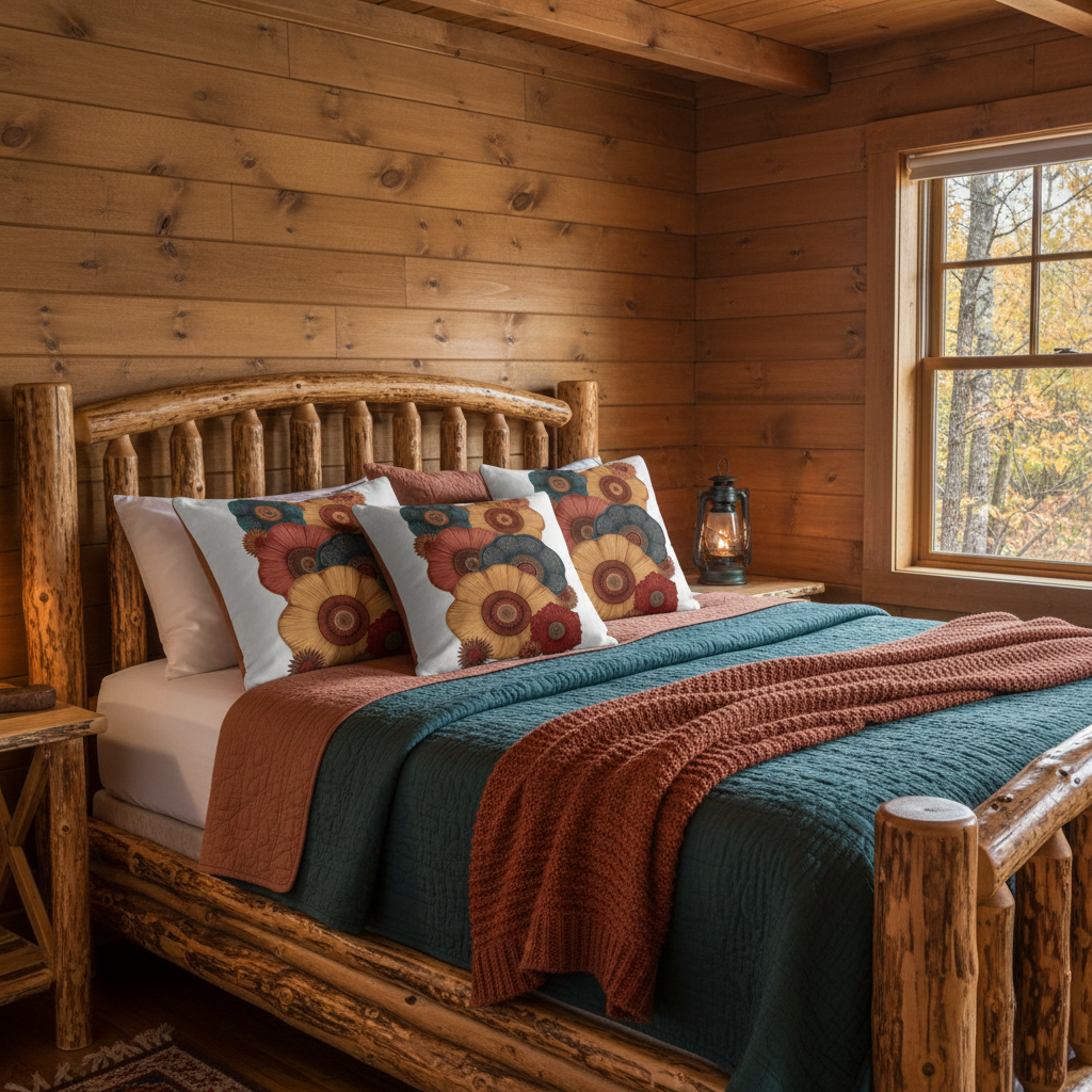 Cabin bedroom with rectangular and square pillows