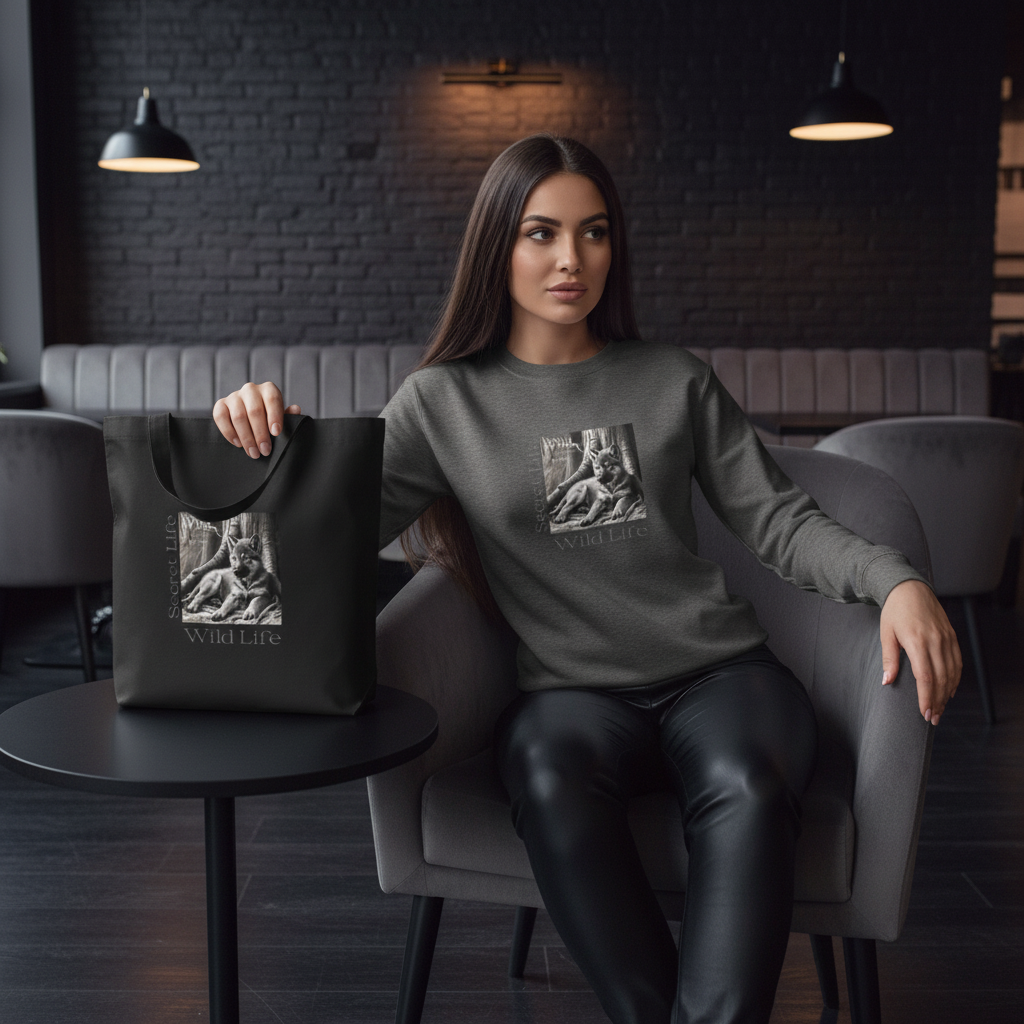 Carbon grey wolf sweatshirt black leather pants wolf tote bag luxury cafe