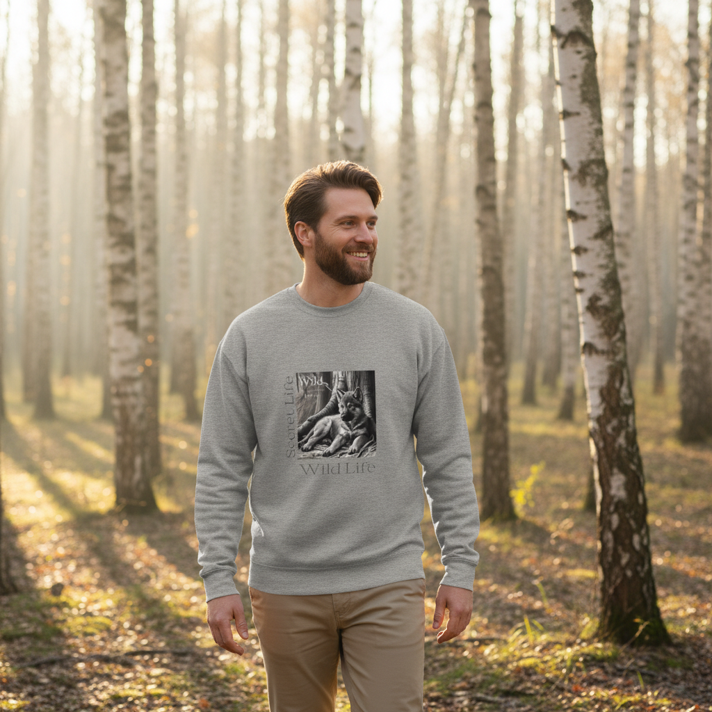 Carbon grey wolf sweatshirt European man birch forest sunlight