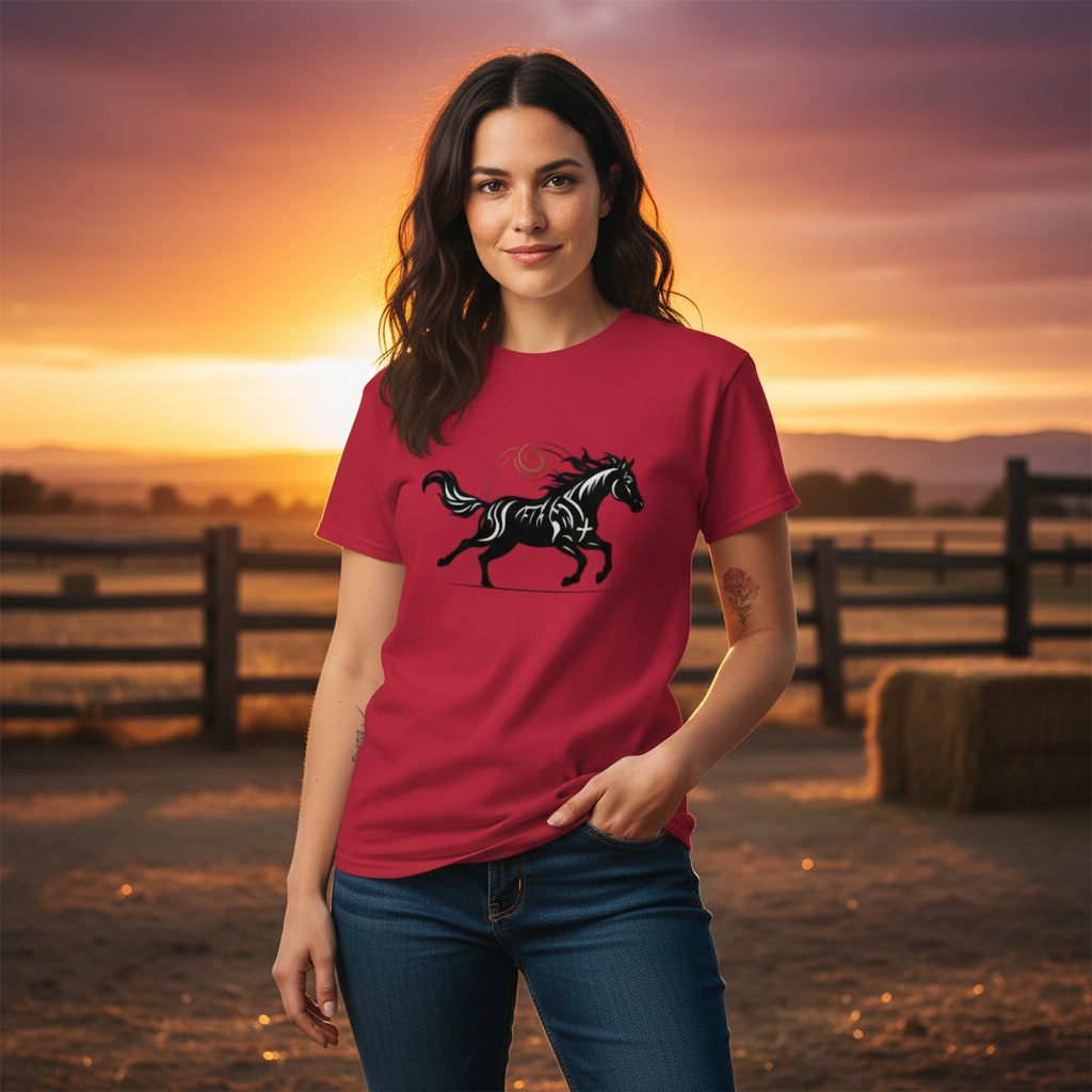Cardinal red Wild Horse t-shirt lifestyle photo on ranch - Celebrate Year of the Horse with premium unisex tee