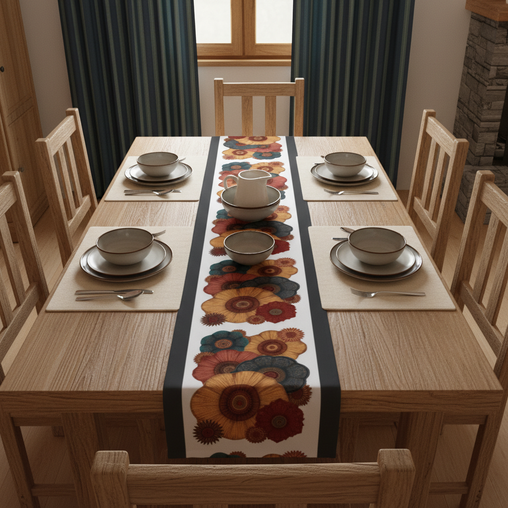 Chalet with rust gold flowers and navy teal curtains