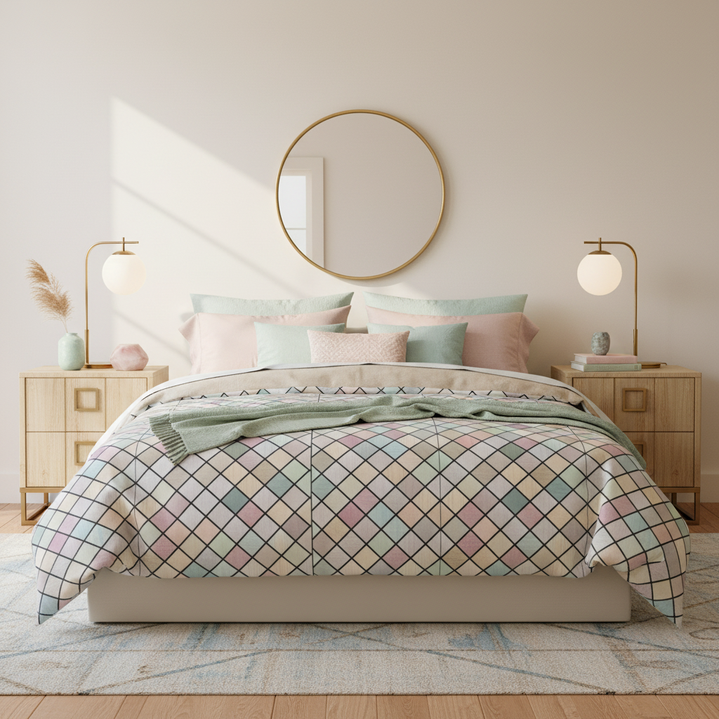 Charming cozy bedroom with colorful squares duvet cover and Art Deco nightstands