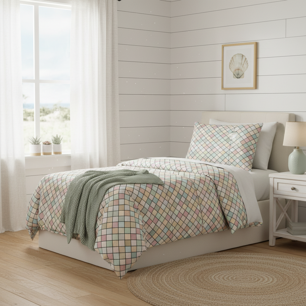Charming cozy bedroom with twin bed featuring colorful squares pattern duvet and pillows