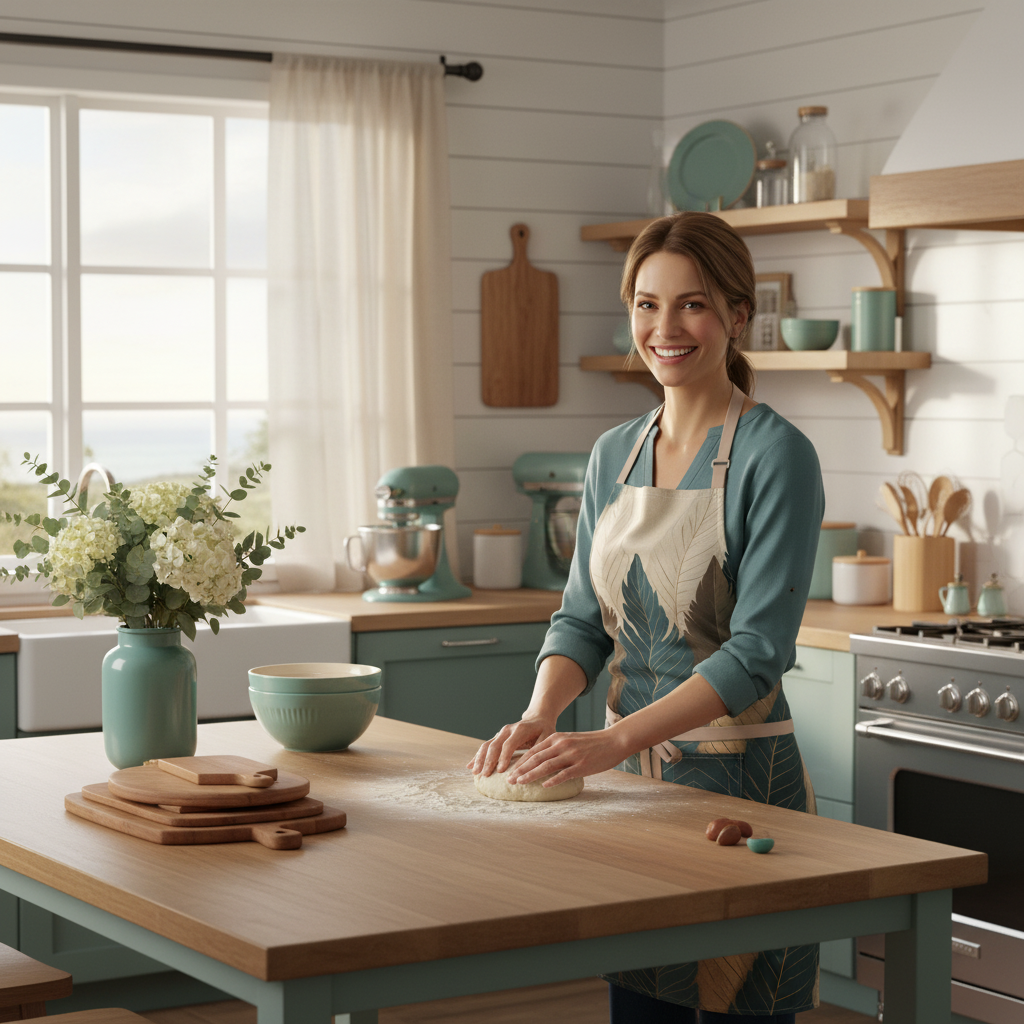 Cheerful woman baking in botanical apron in coastal kitchen with teal accessories