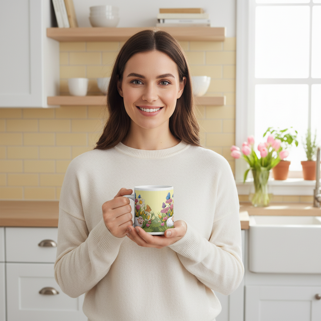 Cheerful woman holding cute sheep spring mug in modern white kitchen with yellow backsplash, green herbs and pink tulips