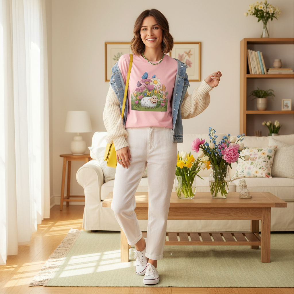 Cheerful woman in light pink tee with cream cardigan, white pants and blue jacket in cozy pastel living room with mixed spring flowers
