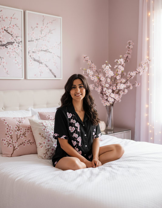 All-over print women’s short sleeve pajama top Cherry Blossom