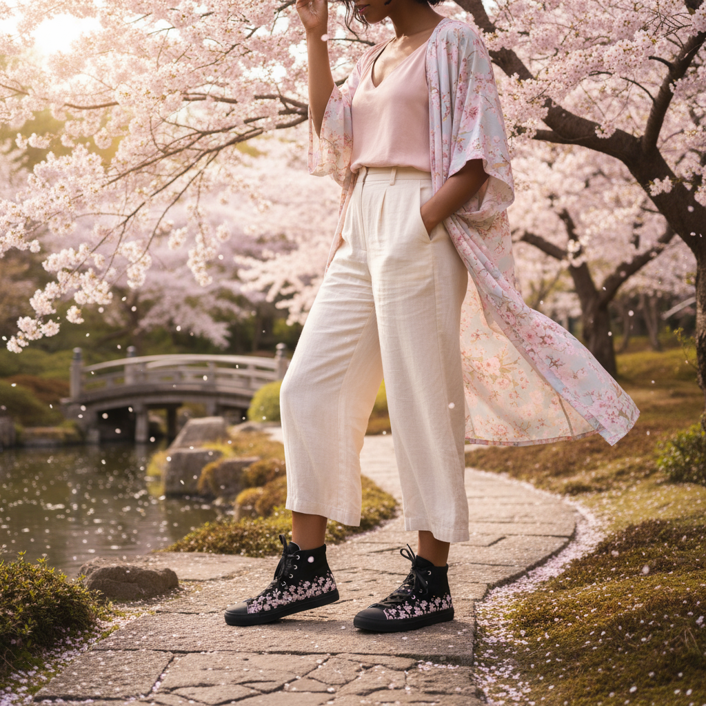 Cherry Blossom Women's High Top Canvas Shoes - Floral Sneakers