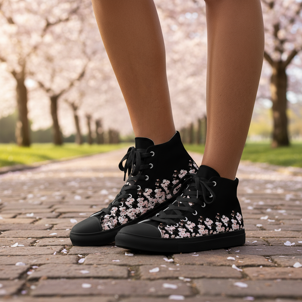 Cherry Blossom Women's High Top Canvas Shoes - Floral Sneakers