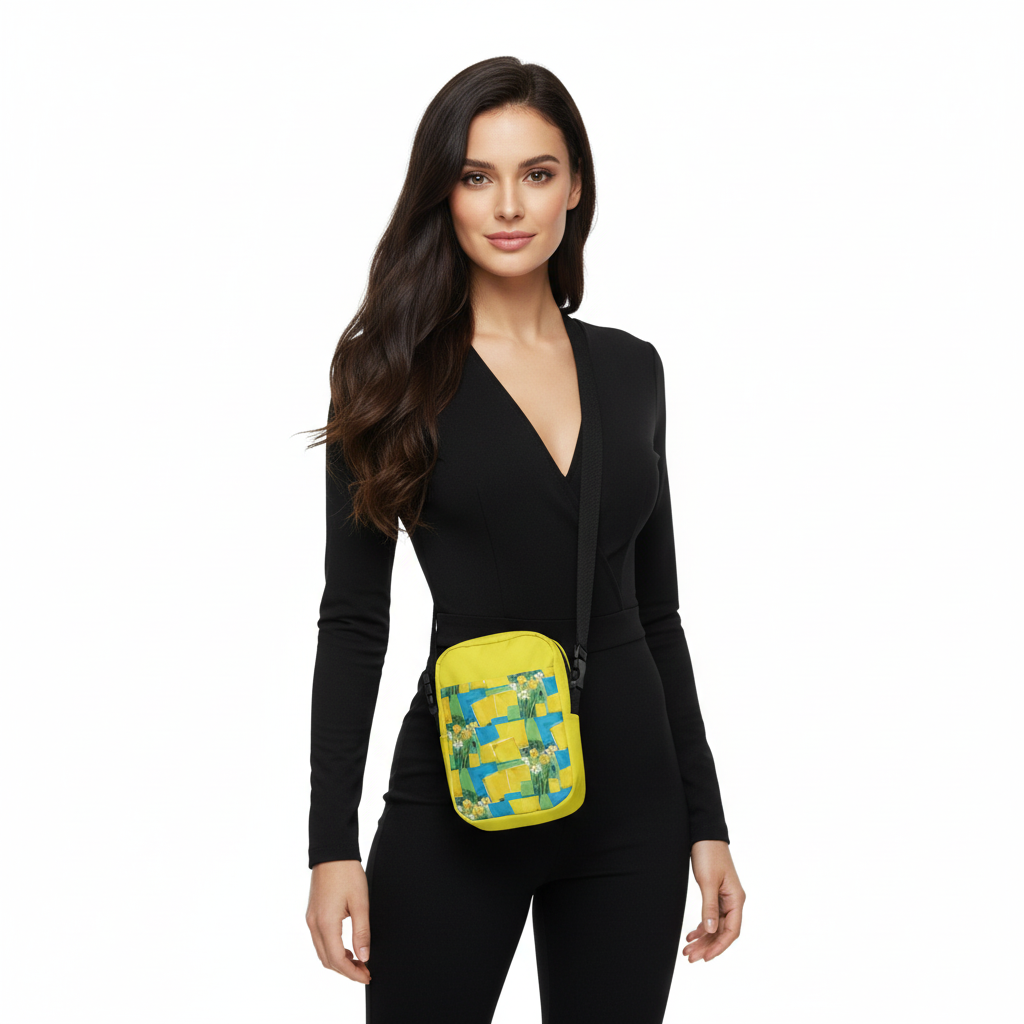 Chic all black look with yellow crossbody bag contrast