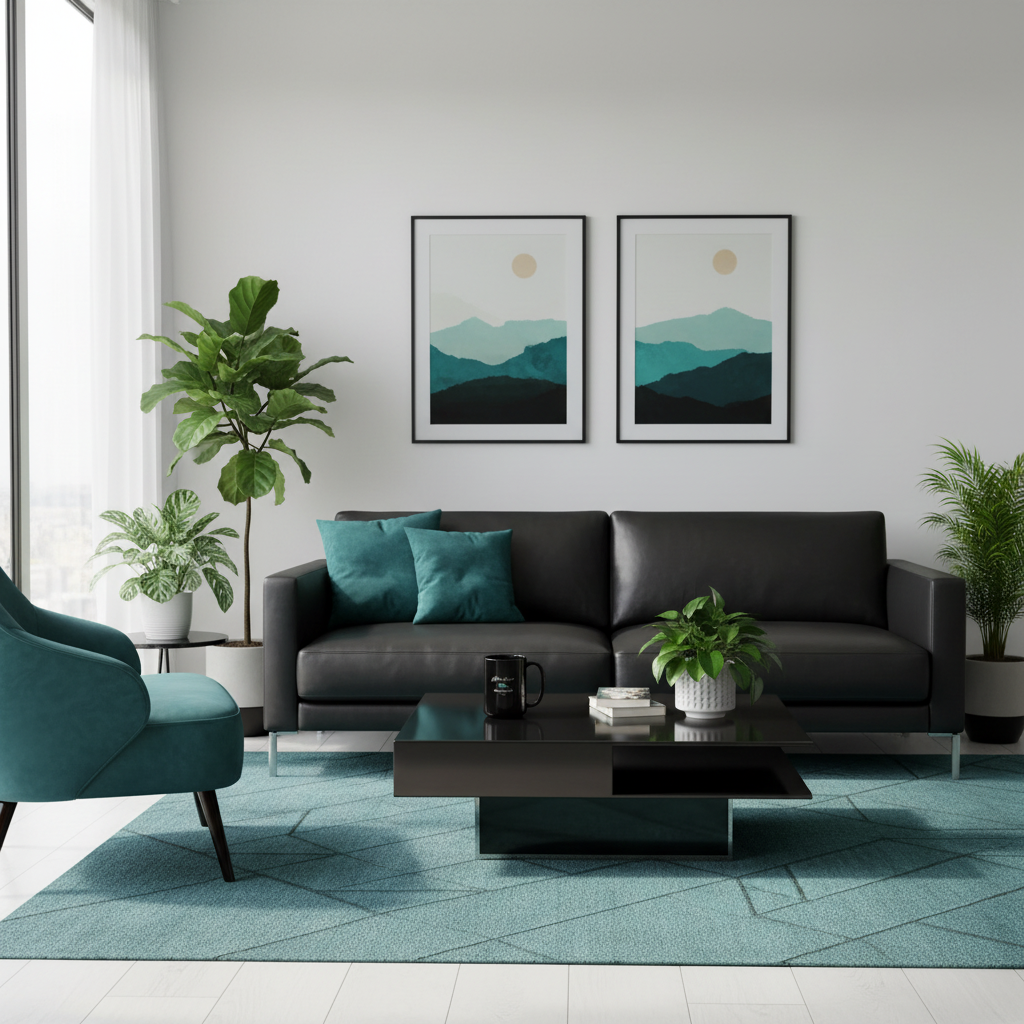 Chic living room with black leather sofa and teal armchair with Adventure Freedom Travel mug