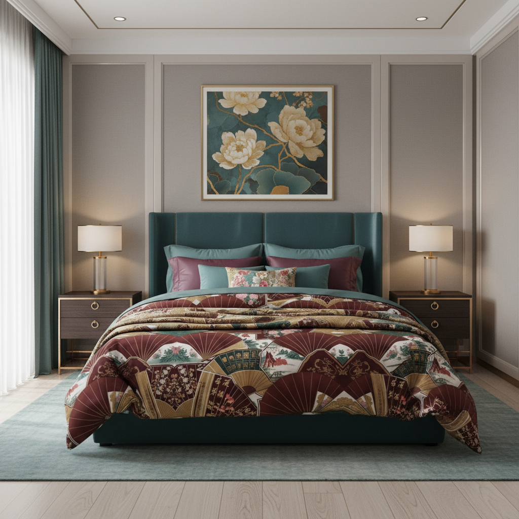 Chinese Fans burgundy duvet bedroom