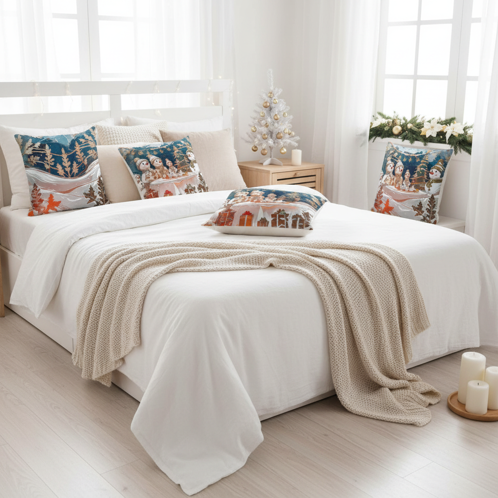Christmas Bedroom with Multiple Snowman Pillows - Both Sides Visible