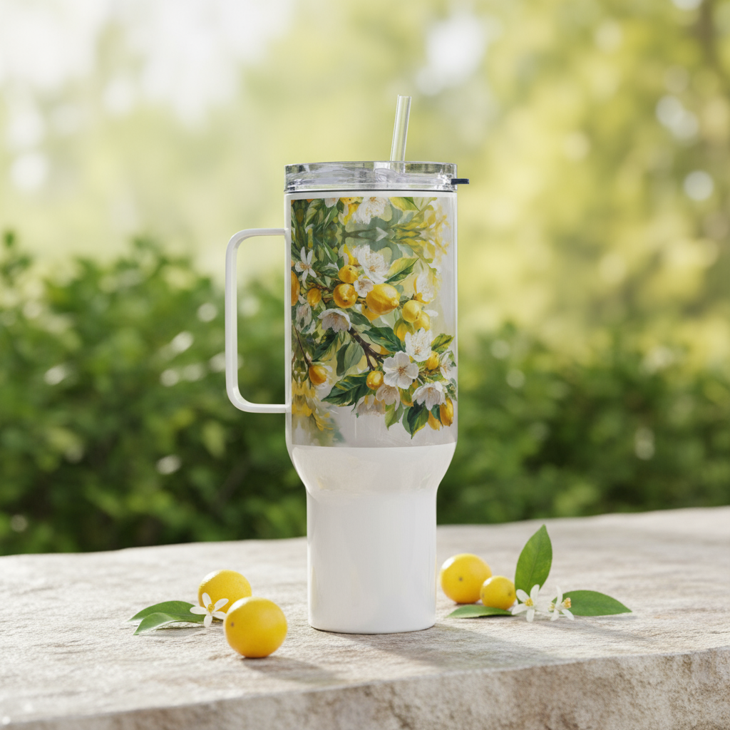 Citrus Travel Mug | Yellow Lemon Botanical Insulated Tumbler with Handle