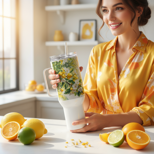 Citrus Travel Mug with Handle - Fresh Fruit Coffee Cup