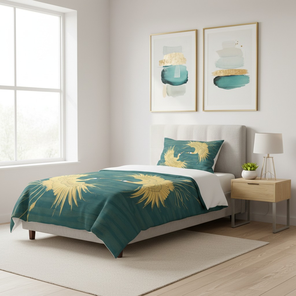 Clean modern bedroom with teal and gold crane twin duvet cover and minimalist decor