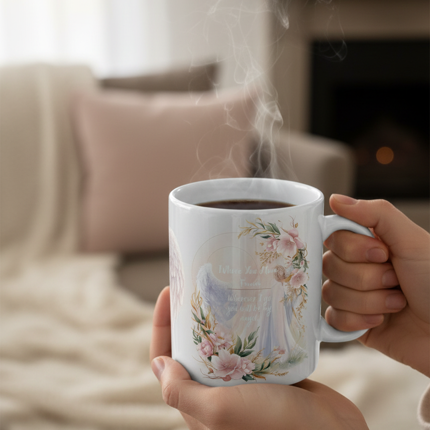 Close-up angel Mom mug with steam - product focus