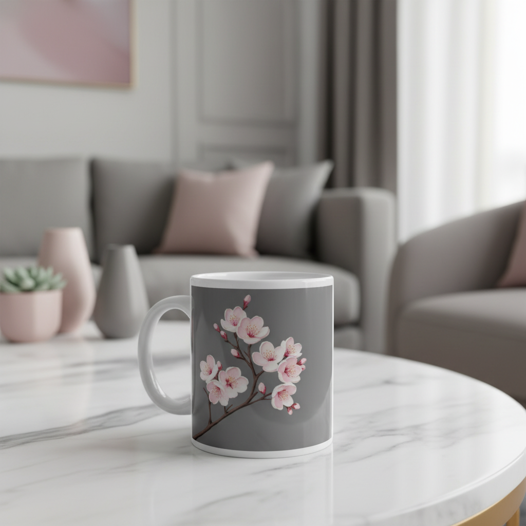 Close-up cherry blossom mug on marble surface