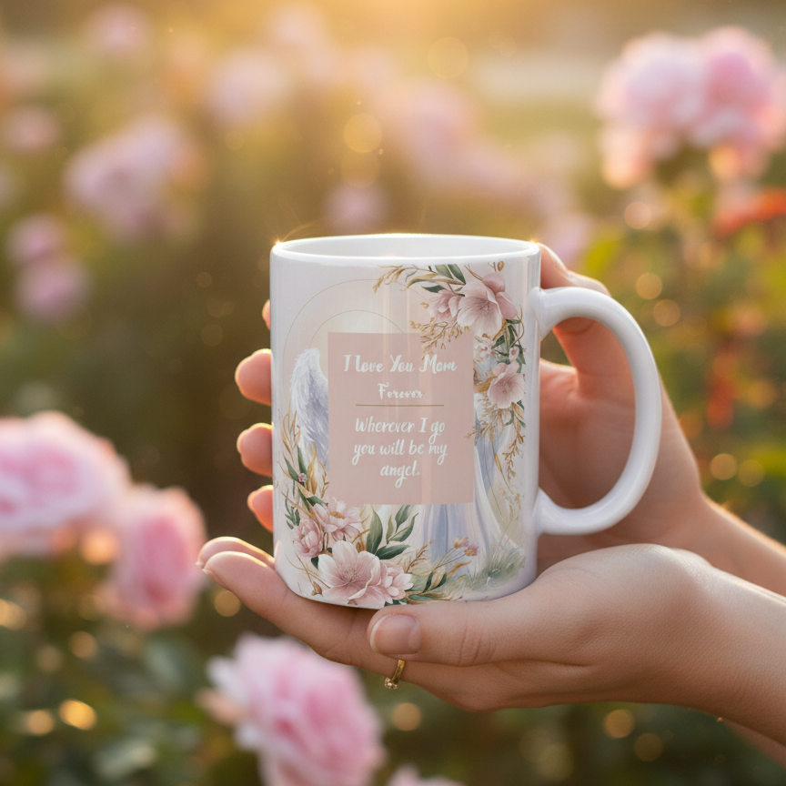 Close-up hands holding angel Mom mug in garden