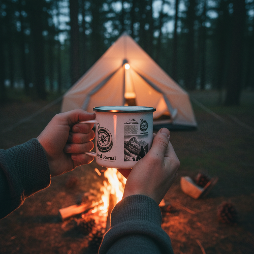 Close-up hands holding Travel Journal enamel mug by campfire