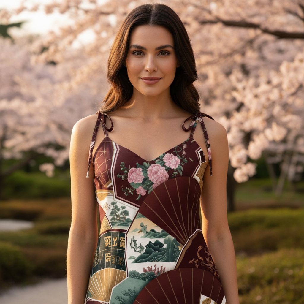 Chinese Fans Tie-strap midi dress - Zen garden lifestyle photography with Asian elegance and minimalist aesthetic

