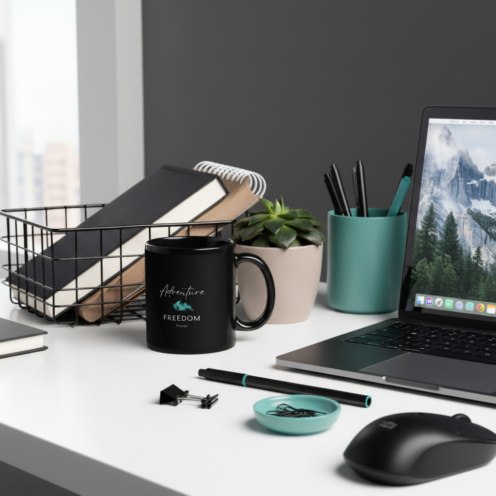 Close-up of black Adventure Freedom Travel ceramic mug on modern desk