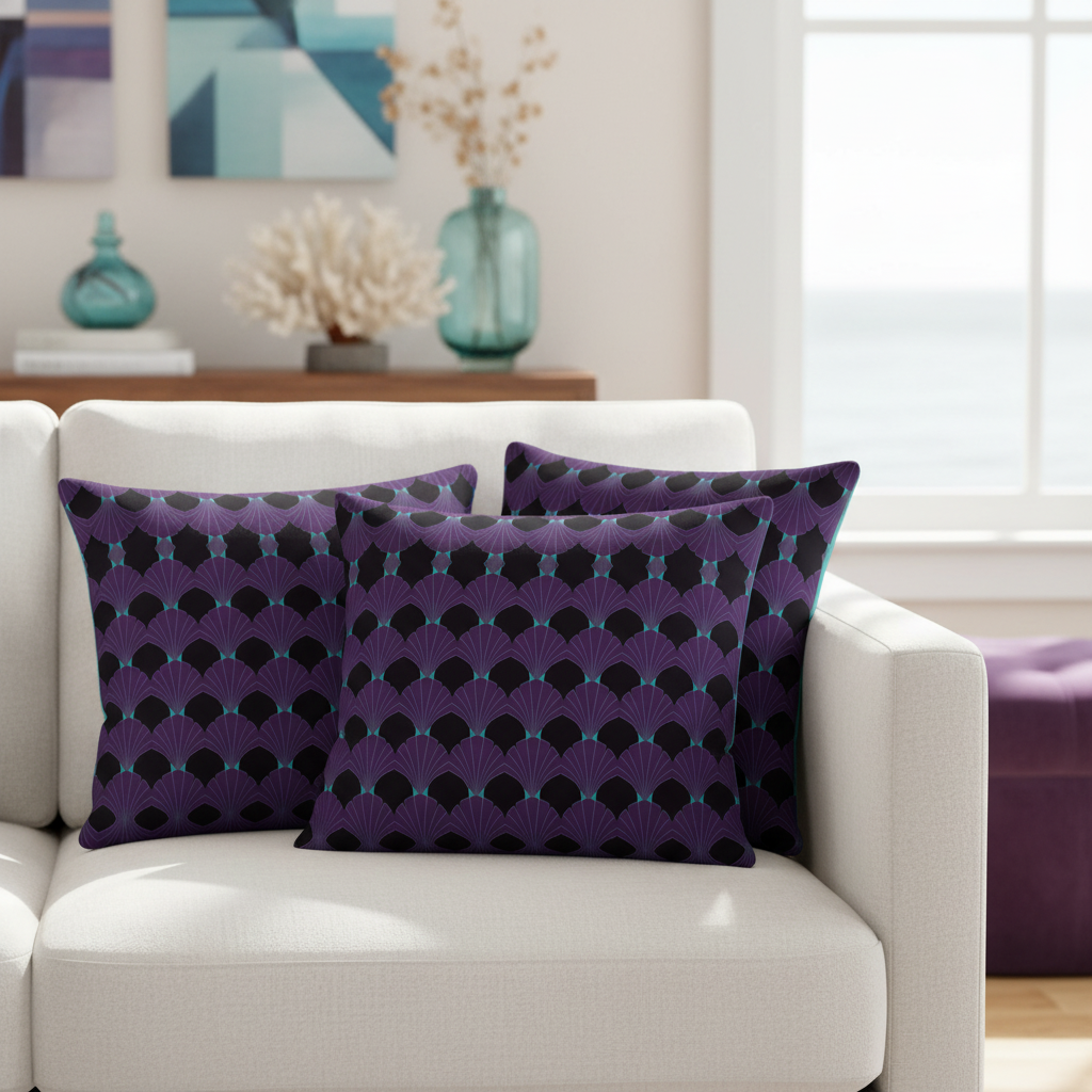 Close-up of coastal living room with art deco pillows