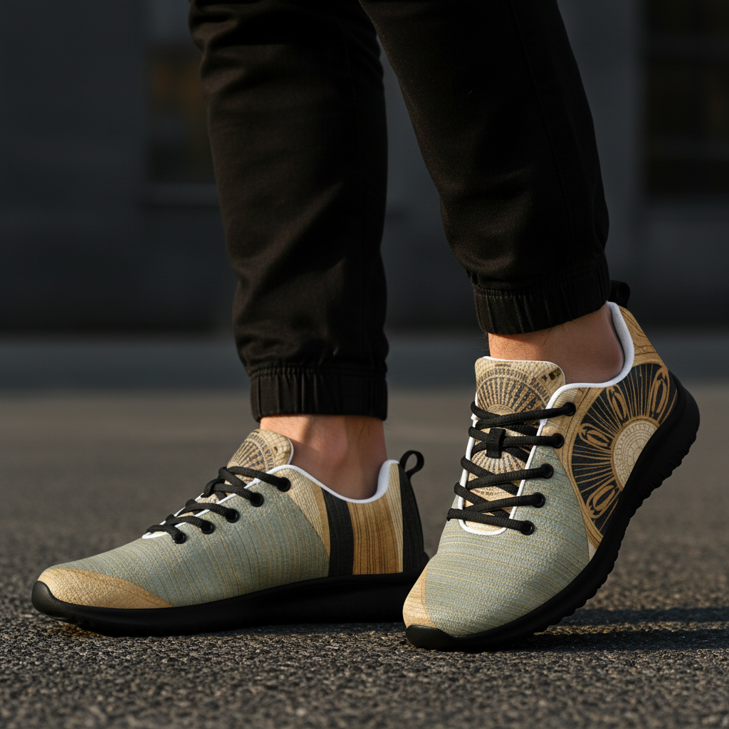 Close up of earth tones athletic shoes with black sole and black laces, gold compass mandala design, worn with slim black jogger pants on dark urban concrete with dramatic contrast