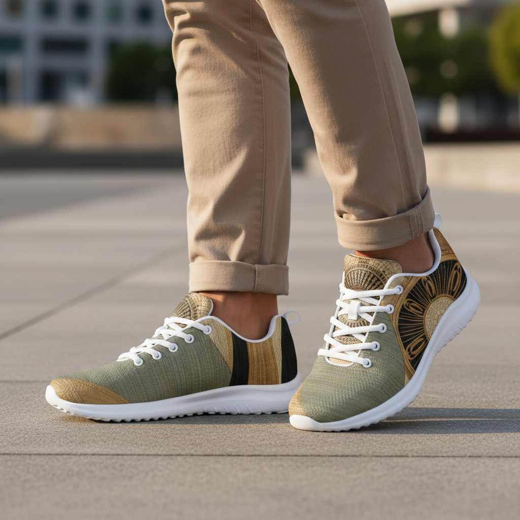 Close up of earth tones athletic shoes with white sole and white laces, gold compass mandala design, worn with beige chino pants on urban concrete with warm natural light