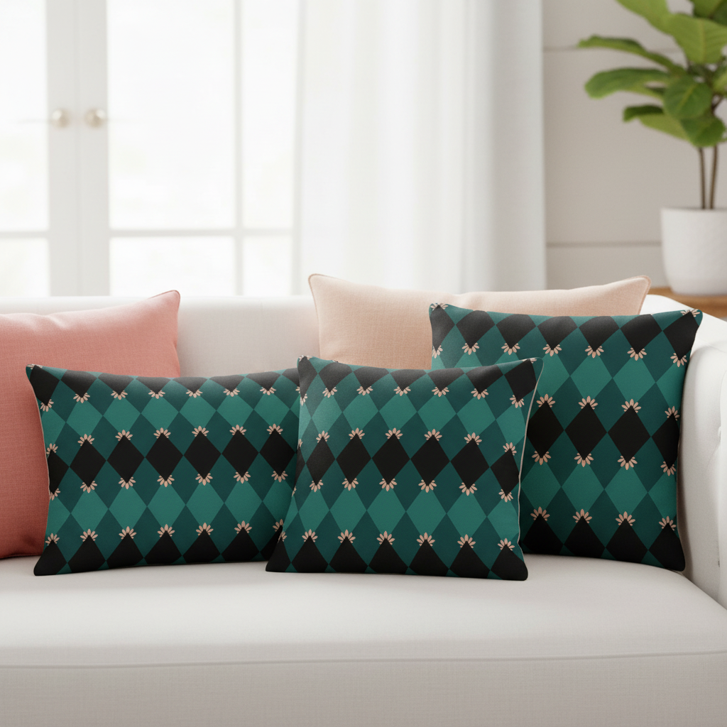 Close-up of emerald mosaic decorative pillows with emerald green diamond pattern and coral pink accents on white sofa with coral pink and peach accent pillows, natural light, emerald mosaic pattern prominently displayed, elegant coastal styling