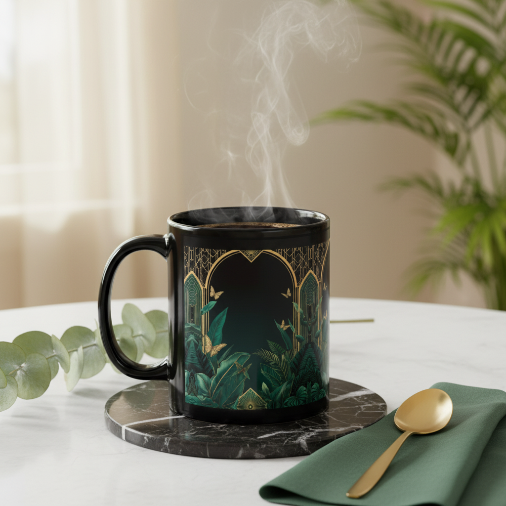 Close-up of Emerald Plants mug on elegant table