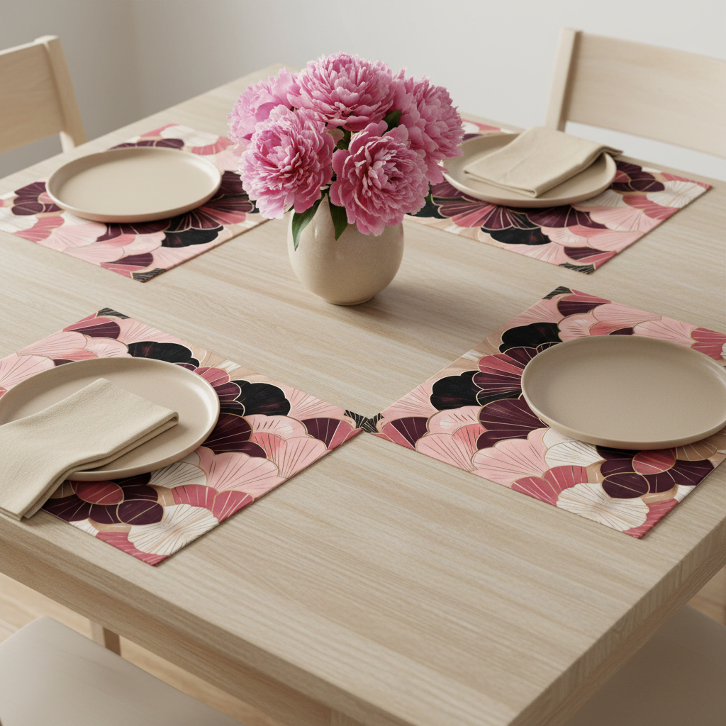 Close-up of geometric placemats on wood table with beige decor
