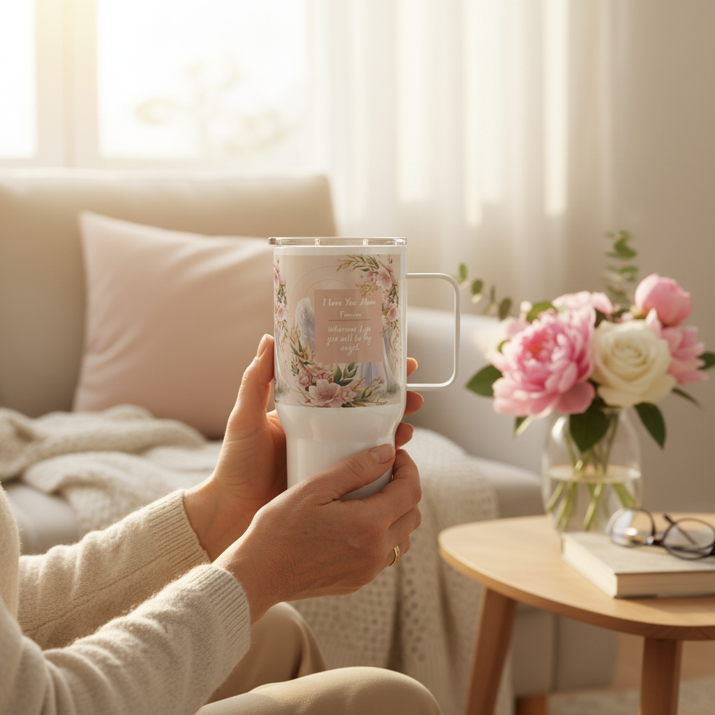 Close-up of mother holding floral travel mug