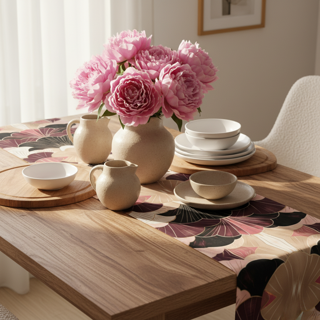 Close-up of natural wood table with geometric runner and elegant styling