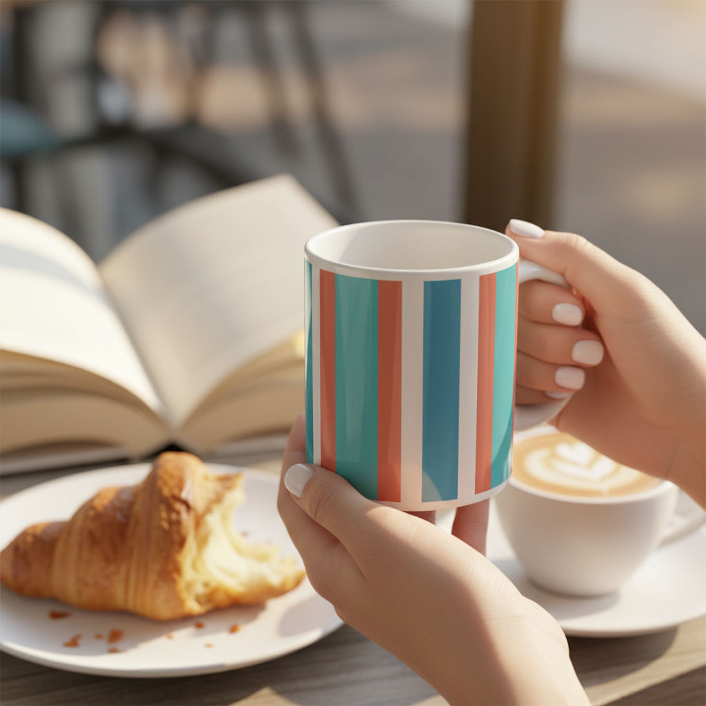 Close-up of colorful striped ceramic mug at café with book and pastry - bringing joy to everyday coffee moments and morning rituals