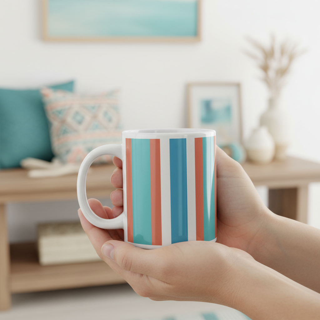 Woman holding colorful striped mug in coastal living room with turquoise and coral accents - ideal for bringing joy and colors to everyday life
