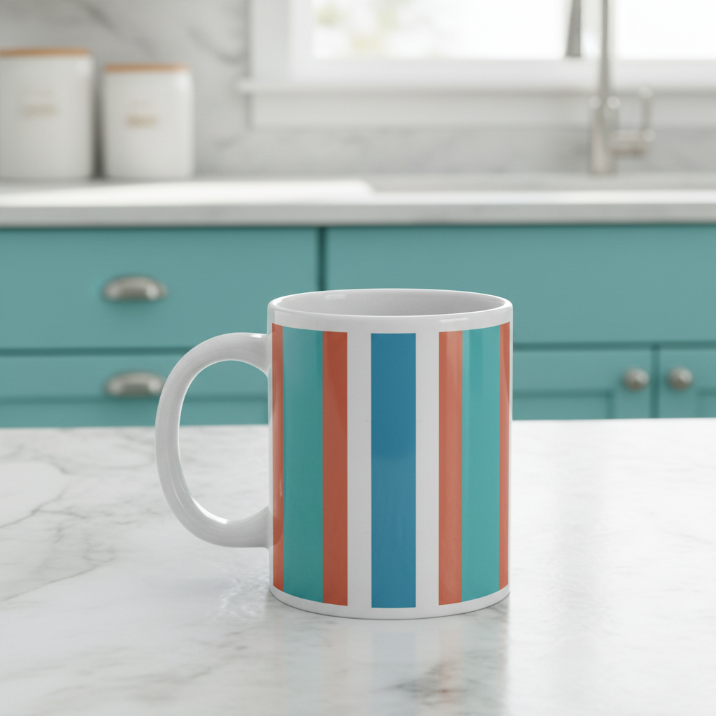Close-up of white glossy ceramic mug with vibrant turquoise, coral orange and blue vertical stripes on coastal kitchen counter - perfect for brightening everyday moments and coastal living style