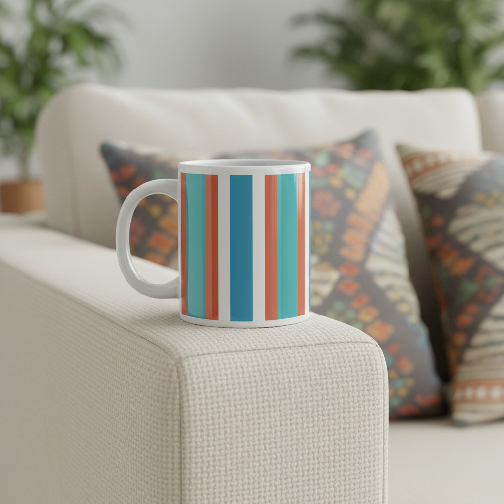Close-up of white ceramic mug with bold colorful stripes on modern sofa - bringing radiant colors to any space and day