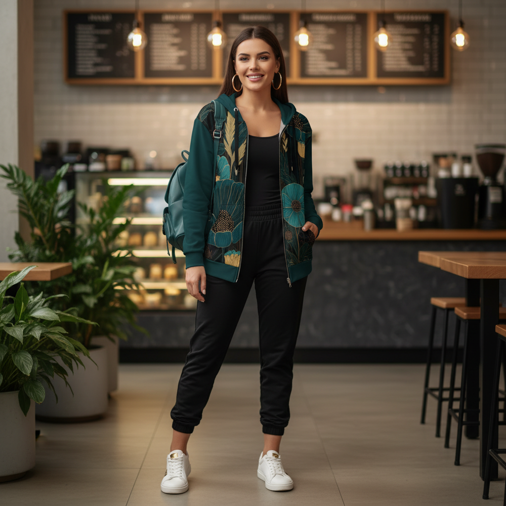 Close-up woman in teal hoodie with black joggers