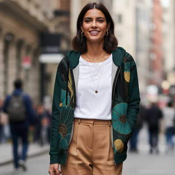 Close-up woman in teal hoodie with camel wide-leg trousers