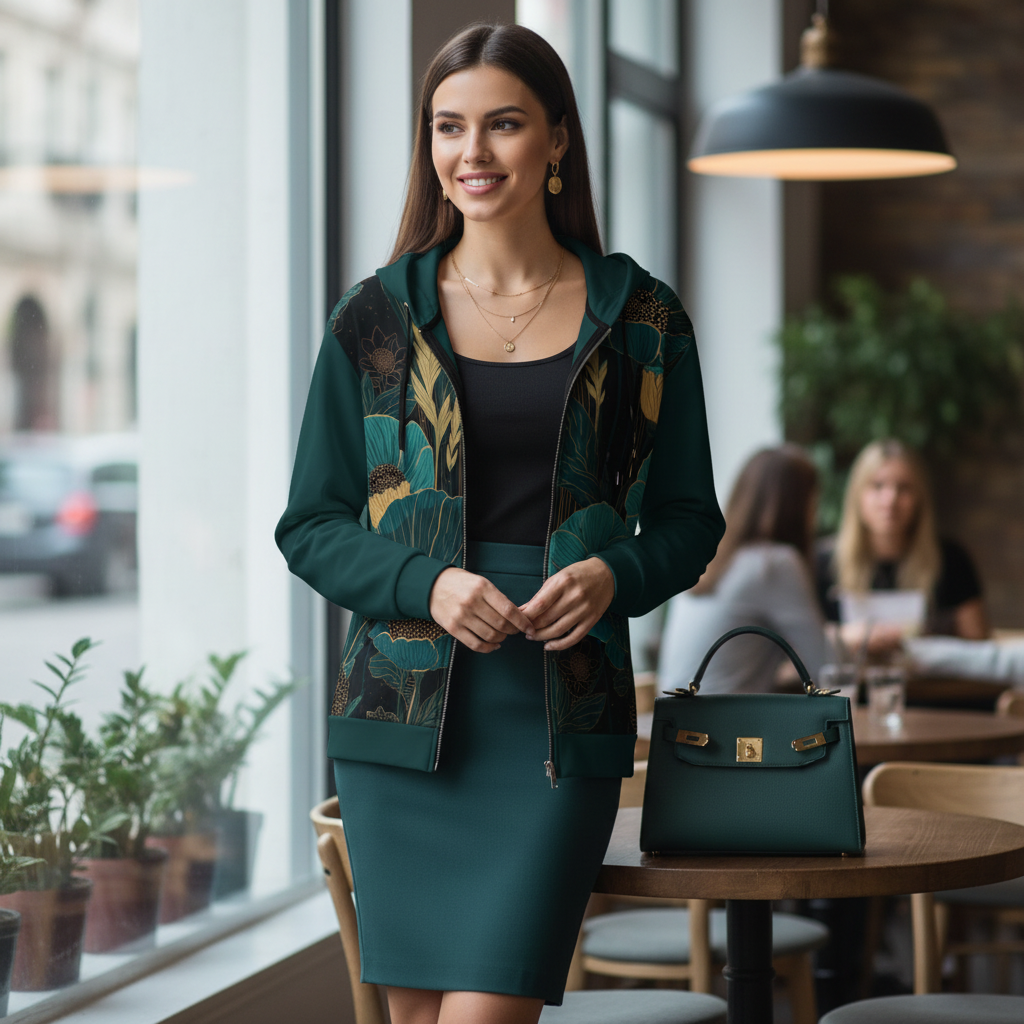 Close-up woman in teal hoodie with dark teal pencil skirt