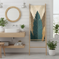 Coastal bathroom with botanical towel on ladder-style rack