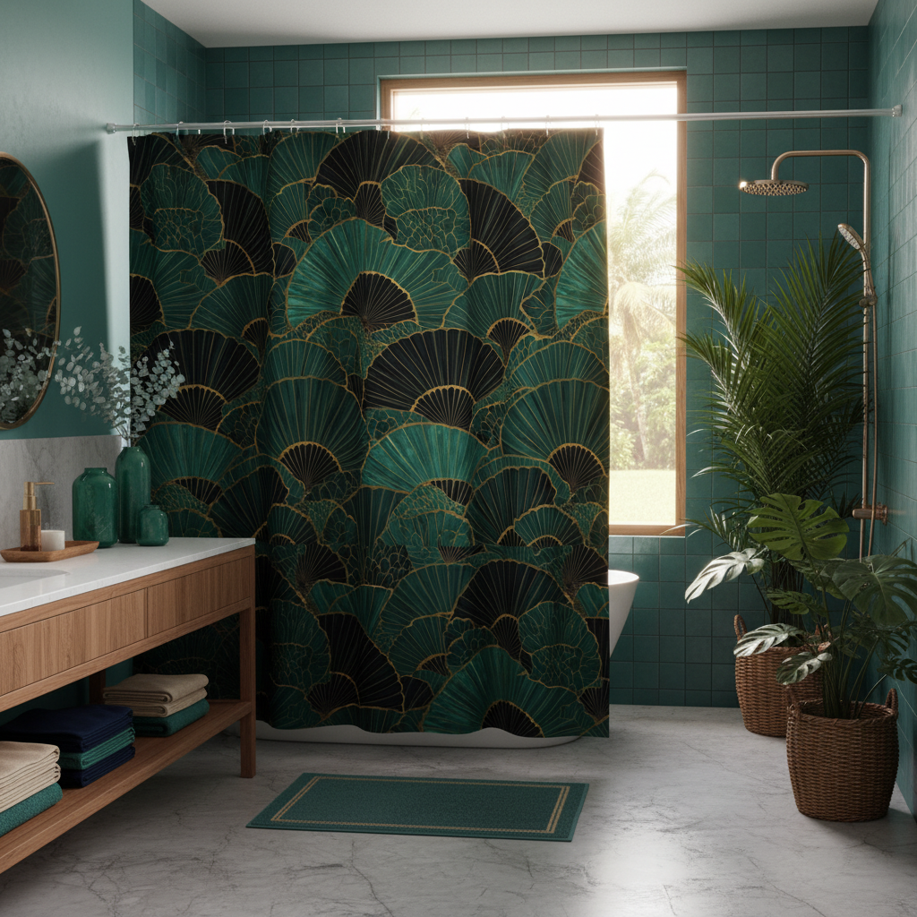 Coastal bathroom with emerald shower curtain and vases