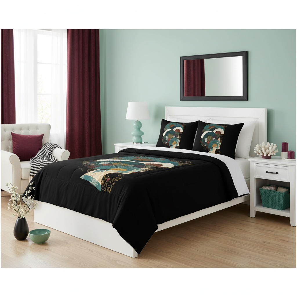 Coastal bedroom with mint walls burgundy curtains and Oriental bedding