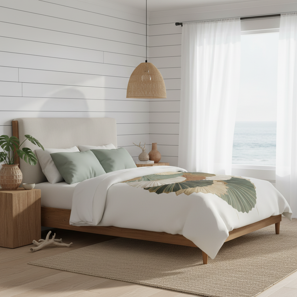 Coastal bedroom with queen botanical bedding