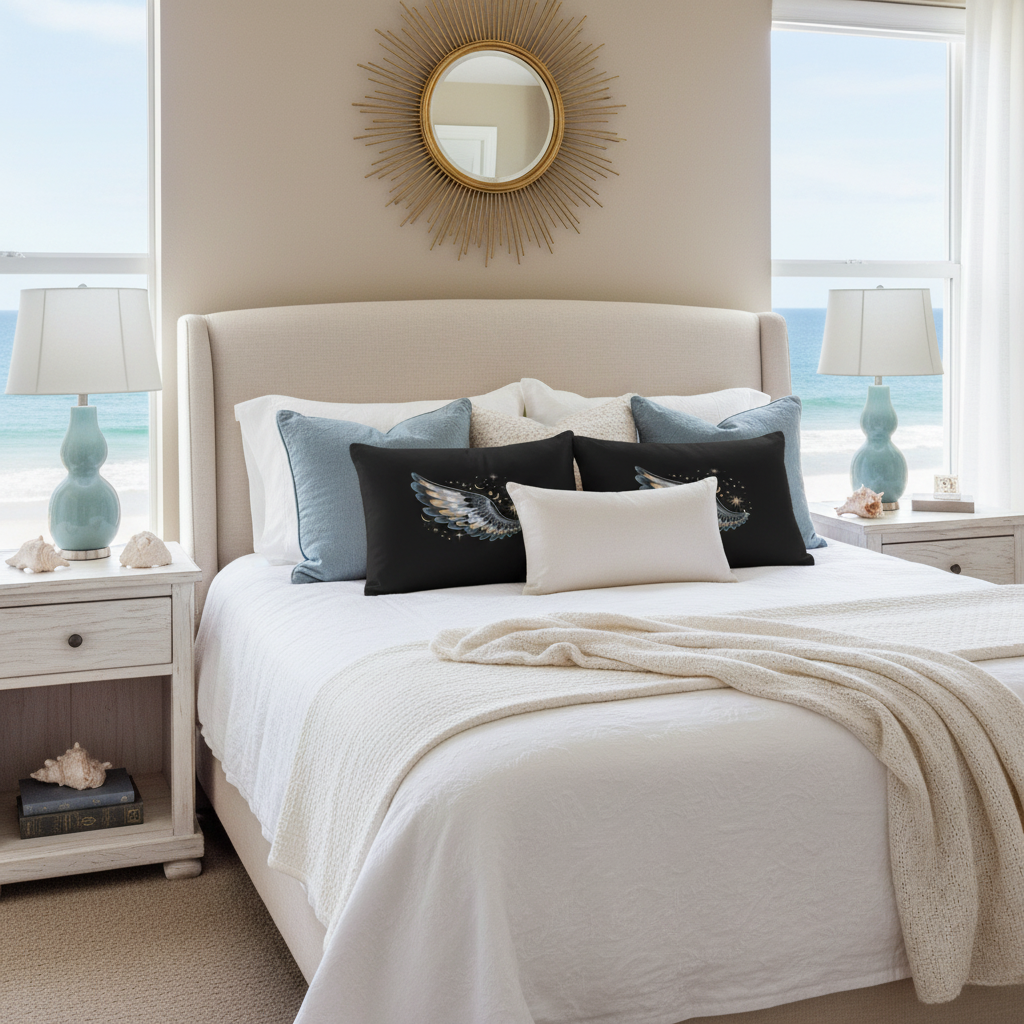 Coastal bedroom with rectangular lumbar wing pillow square