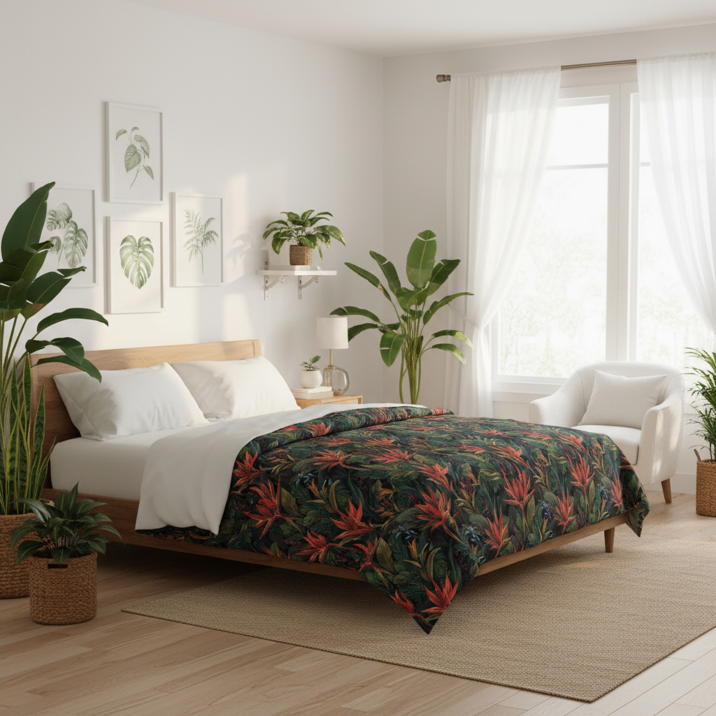 Coastal bedroom with tropical comforter with coral red flowers and green palm leaves, king size bed with white bedding, natural wood frame, tropical plants, botanical art