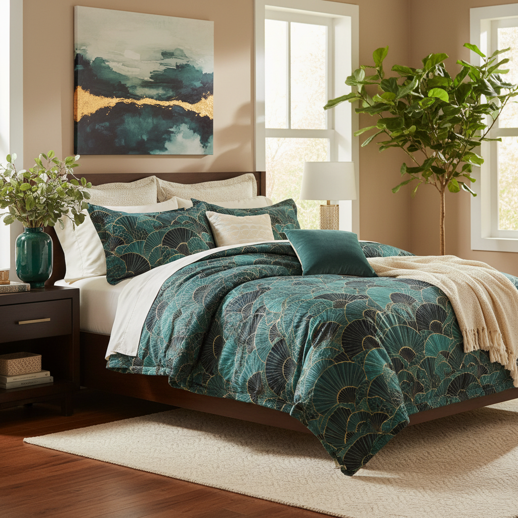 Coastal comforter with emerald vase and greenery