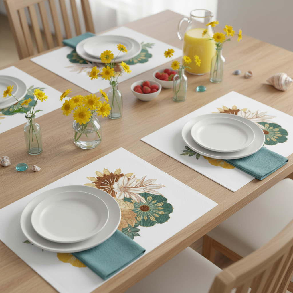 Coastal dining table top view with four floral placemats